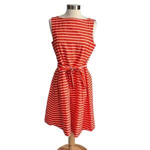 L.L.Bean Signature Cotton Poplin Orange & White Belted Flared Jackie O Dress 10P